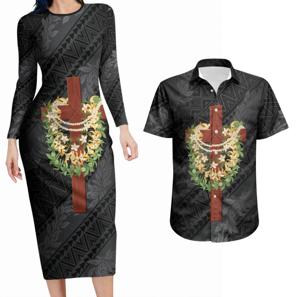 Hawaii ⁠Ka Pule a ka Haku Memorial Couples Matching Long Sleeve Bodycon Dress and Hawaiian Shirt Flower Lei Cross - Black