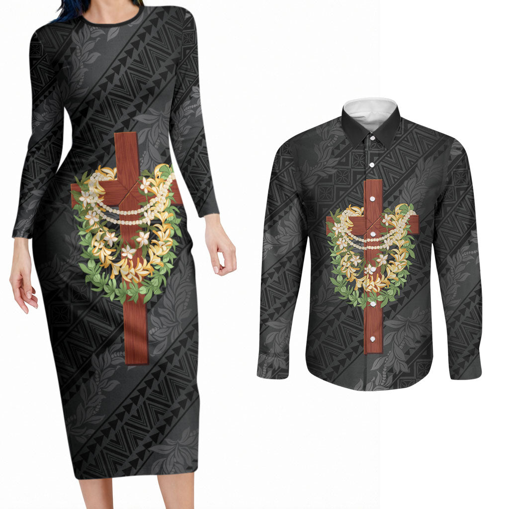 Hawaii ⁠Ka Pule a ka Haku Memorial Couples Matching Long Sleeve Bodycon Dress and Long Sleeve Button Shirt Flower Lei Cross - Black