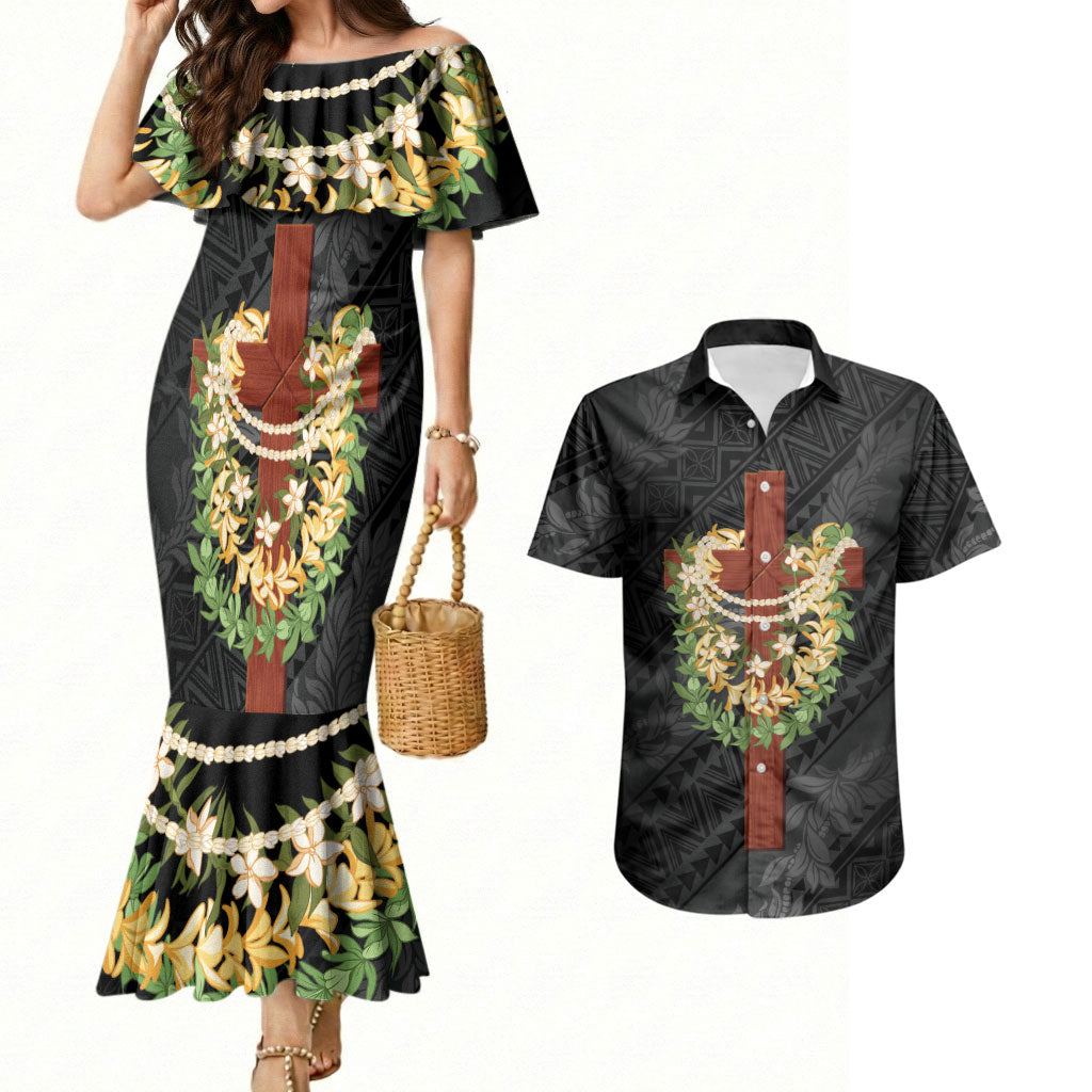 Hawaii ⁠Ka Pule a ka Haku Memorial Couples Matching Mermaid Dress and Hawaiian Shirt Flower Lei Cross - Black