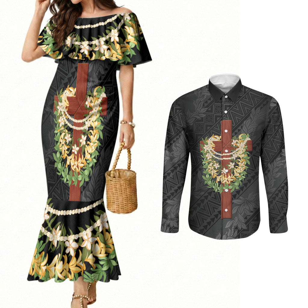 Hawaii ⁠Ka Pule a ka Haku Memorial Couples Matching Mermaid Dress and Long Sleeve Button Shirt Flower Lei Cross - Black