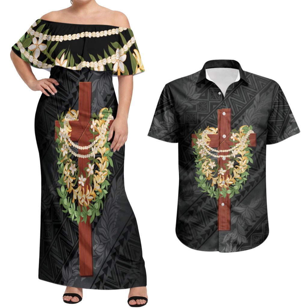 Hawaii ⁠Ka Pule a ka Haku Memorial Couples Matching Off Shoulder Maxi Dress and Hawaiian Shirt Flower Lei Cross - Black