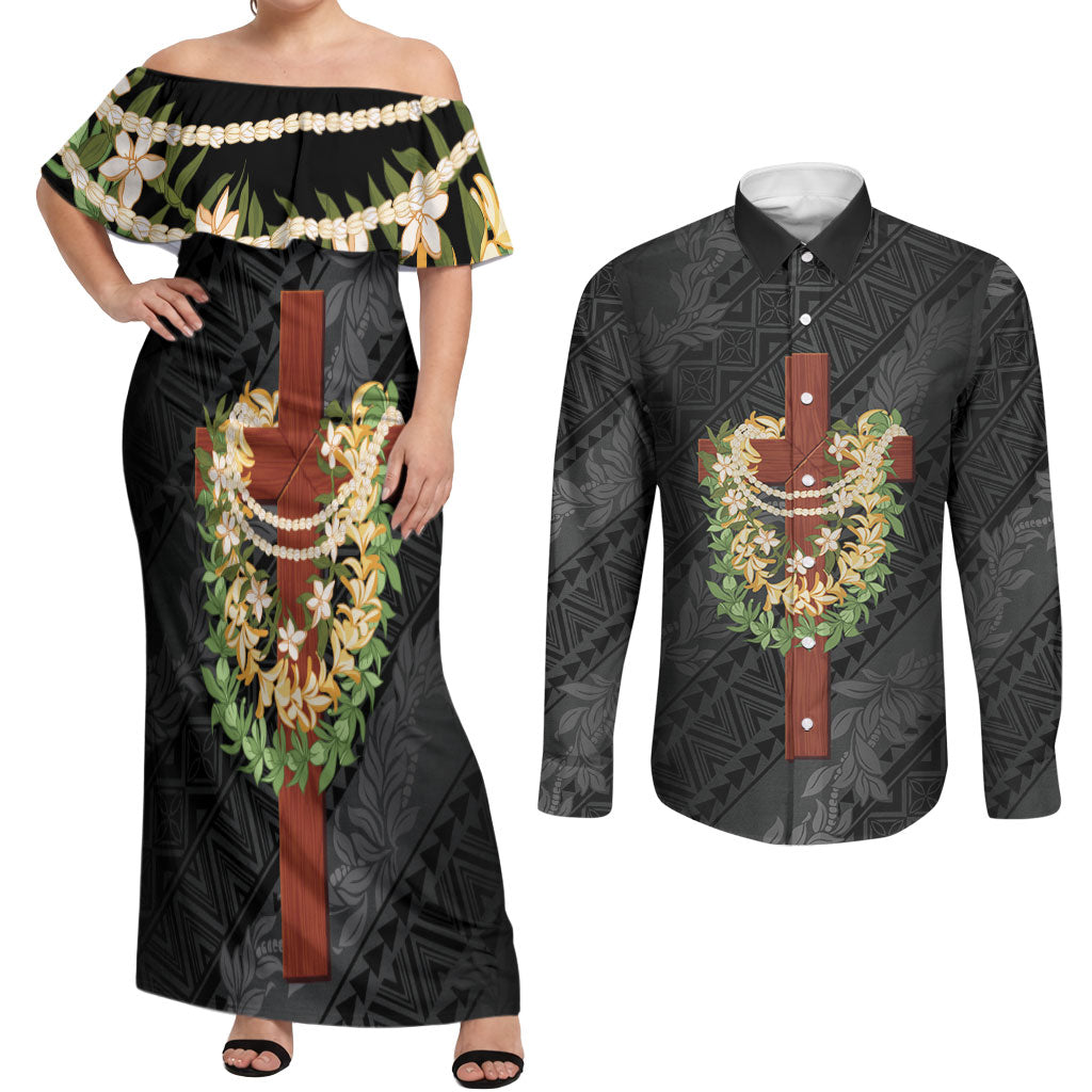 Hawaii ⁠Ka Pule a ka Haku Memorial Couples Matching Off Shoulder Maxi Dress and Long Sleeve Button Shirt Flower Lei Cross - Black