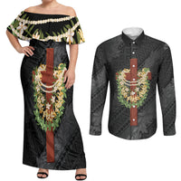 Hawaii ⁠Ka Pule a ka Haku Memorial Couples Matching Off Shoulder Maxi Dress and Long Sleeve Button Shirt Flower Lei Cross - Black