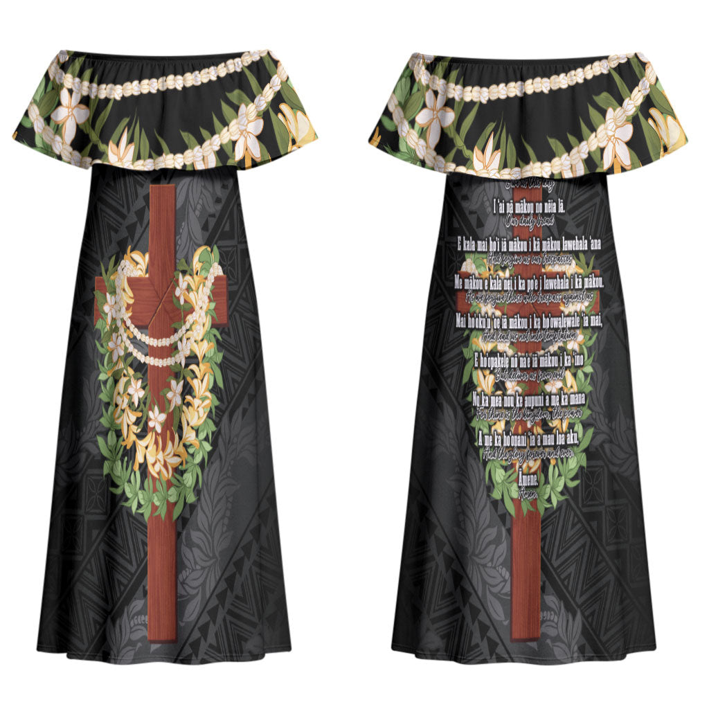 Hawaii ⁠Ka Pule a ka Haku Memorial Couples Matching Off Shoulder Maxi Dress and Long Sleeve Button Shirt Flower Lei Cross - Black