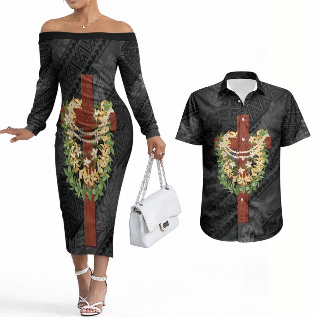 Hawaii ⁠Ka Pule a ka Haku Memorial Couples Matching Off The Shoulder Long Sleeve Dress and Hawaiian Shirt Flower Lei Cross - Black