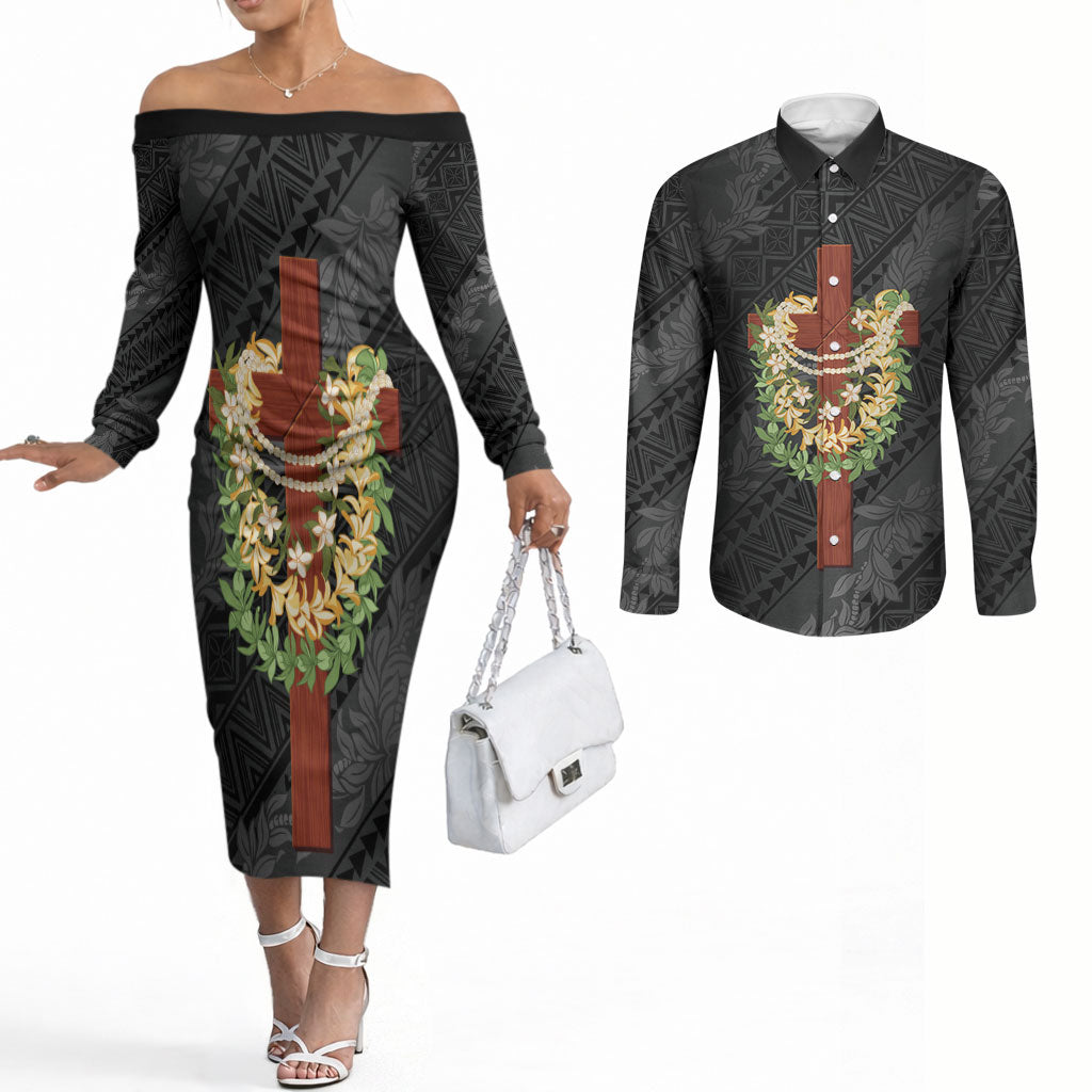 Hawaii ⁠Ka Pule a ka Haku Memorial Couples Matching Off The Shoulder Long Sleeve Dress and Long Sleeve Button Shirt Flower Lei Cross - Black