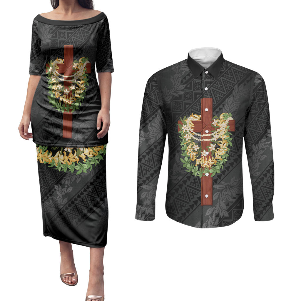 Hawaii ⁠Ka Pule a ka Haku Memorial Couples Matching Puletasi and Long Sleeve Button Shirt Flower Lei Cross - Black