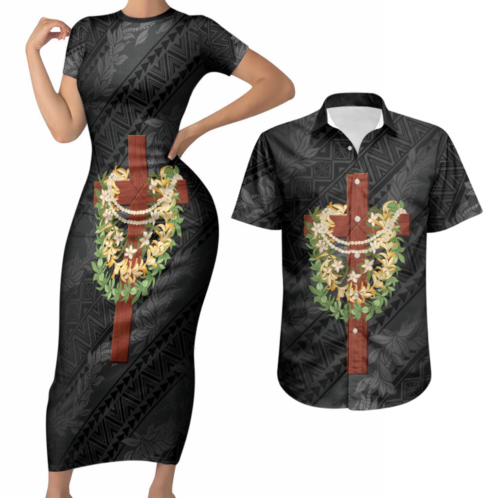 Hawaii ⁠Ka Pule a ka Haku Memorial Couples Matching Short Sleeve Bodycon Dress and Hawaiian Shirt Flower Lei Cross - Black