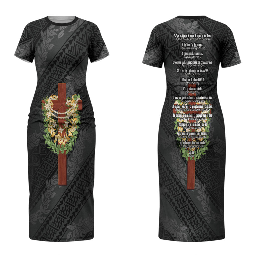 Hawaii ⁠Ka Pule a ka Haku Memorial Couples Matching Short Sleeve Bodycon Dress and Hawaiian Shirt Flower Lei Cross - Black