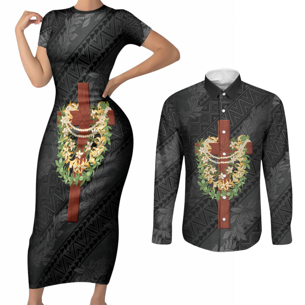 Hawaii ⁠Ka Pule a ka Haku Memorial Couples Matching Short Sleeve Bodycon Dress and Long Sleeve Button Shirt Flower Lei Cross - Black