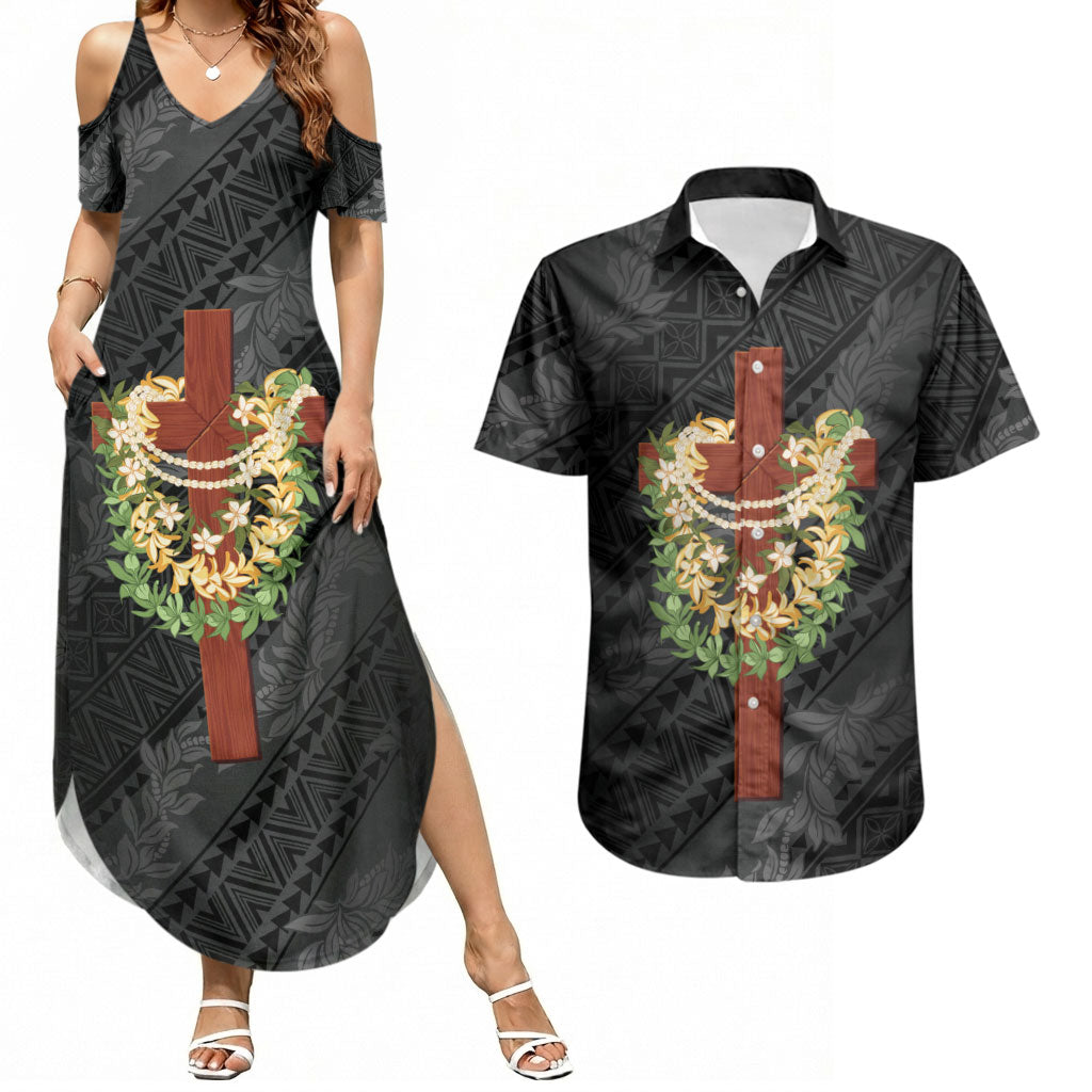 Hawaii ⁠Ka Pule a ka Haku Memorial Couples Matching Summer Maxi Dress and Hawaiian Shirt Flower Lei Cross - Black