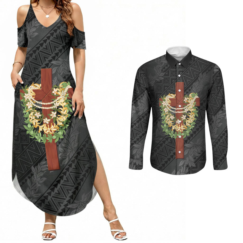 Hawaii ⁠Ka Pule a ka Haku Memorial Couples Matching Summer Maxi Dress and Long Sleeve Button Shirt Flower Lei Cross - Black