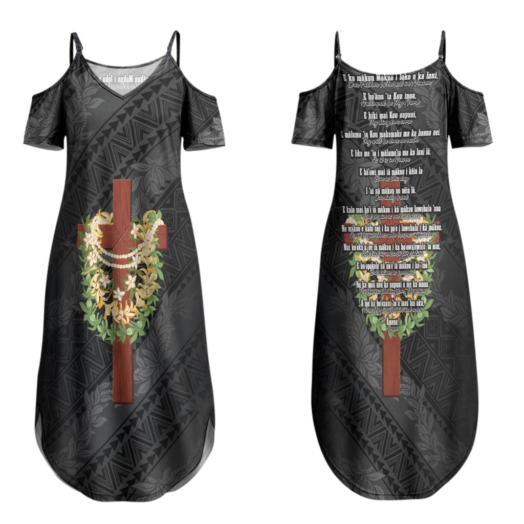 Hawaii ⁠Ka Pule a ka Haku Memorial Couples Matching Summer Maxi Dress and Long Sleeve Button Shirt Flower Lei Cross - Black