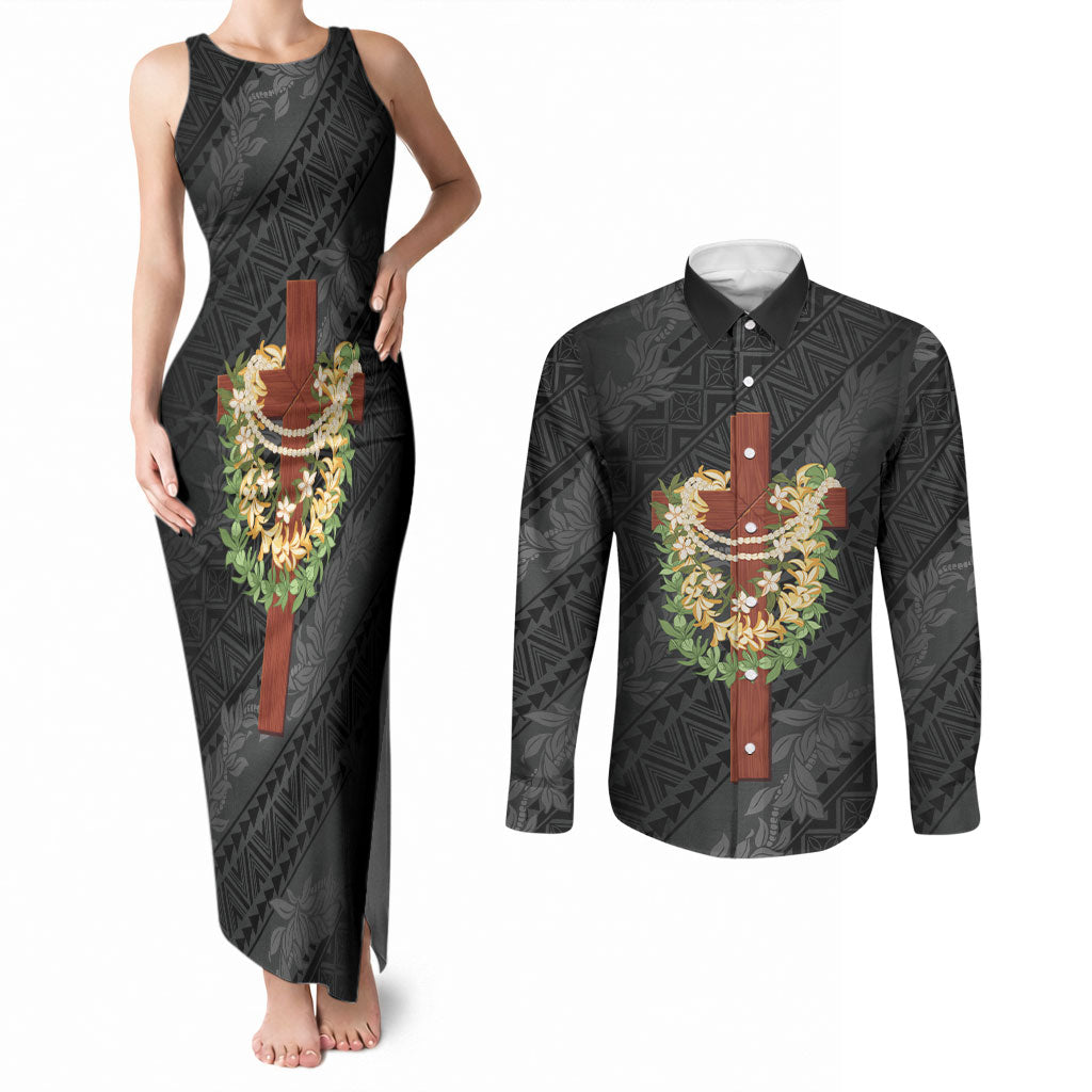 Hawaii ⁠Ka Pule a ka Haku Memorial Couples Matching Tank Maxi Dress and Long Sleeve Button Shirt Flower Lei Cross - Black