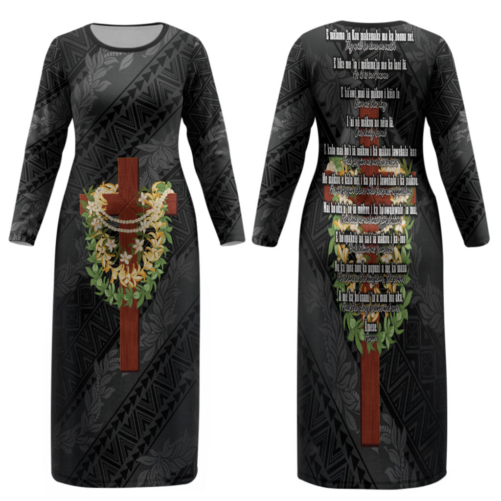 Hawaii ⁠Ka Pule a ka Haku Memorial Family Matching Long Sleeve Bodycon Dress and Hawaiian Shirt Flower Lei Cross - Black