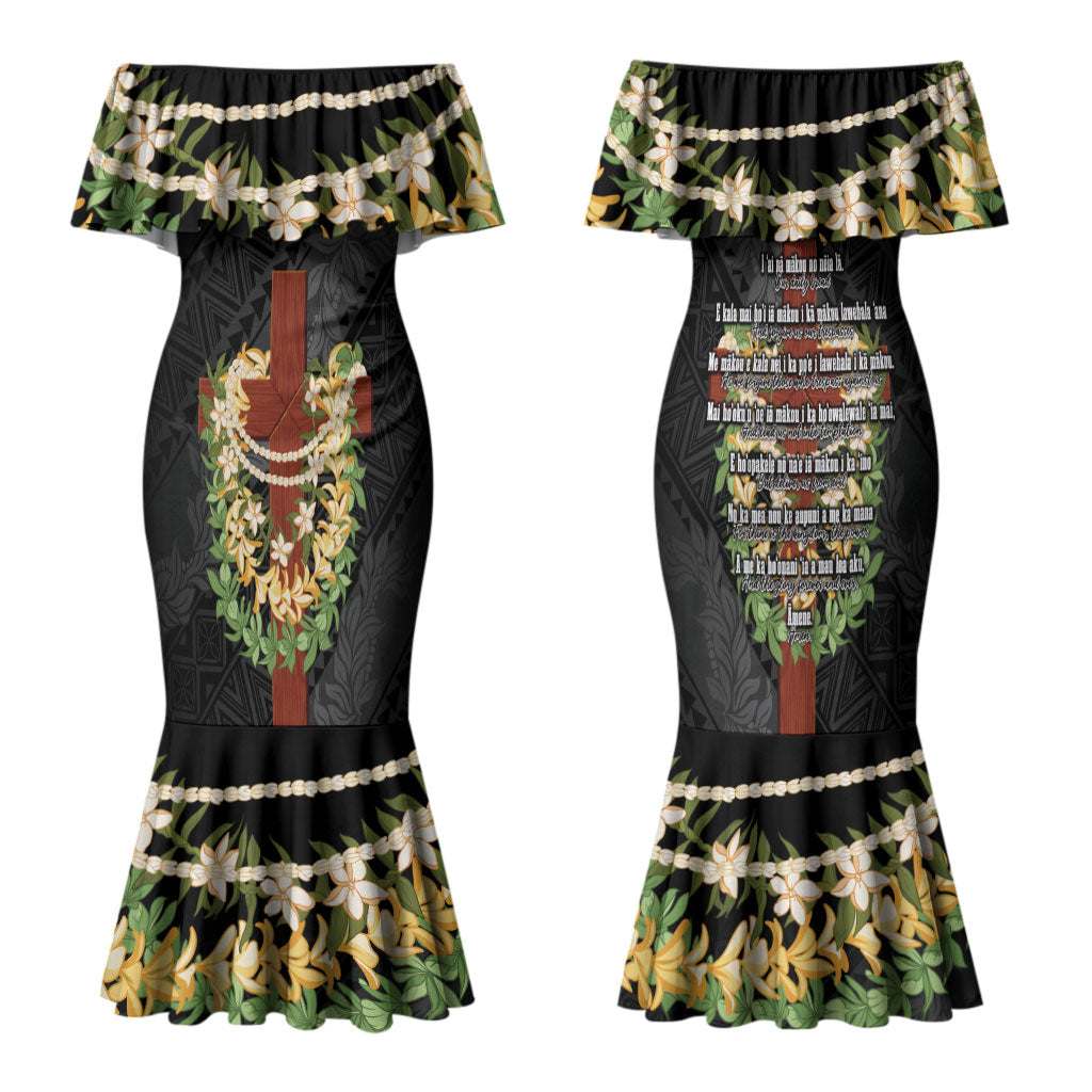 Hawaii ⁠Ka Pule a ka Haku Memorial Family Matching Mermaid Dress and Hawaiian Shirt Flower Lei Cross - Black