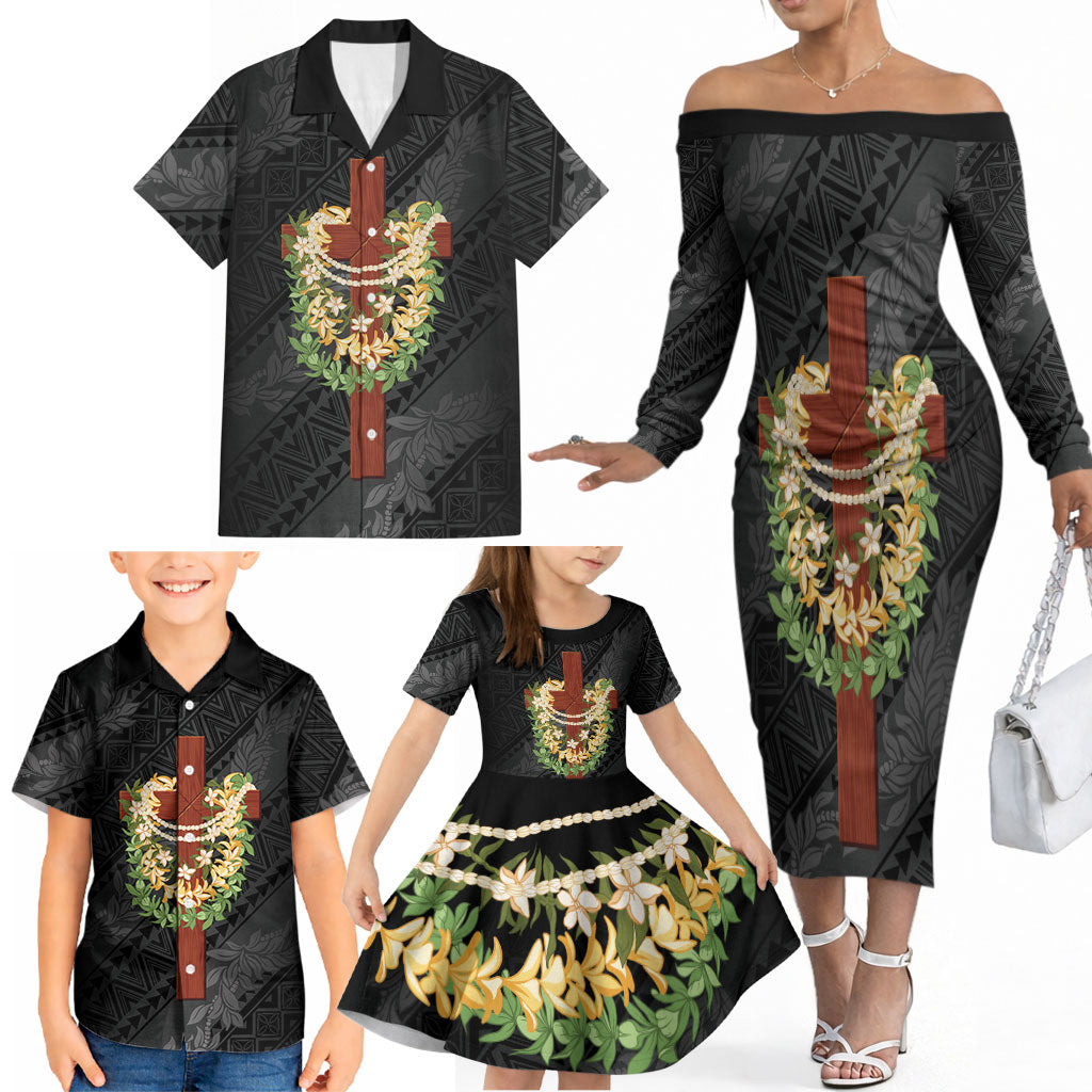 Hawaii ⁠Ka Pule a ka Haku Memorial Family Matching Off The Shoulder Long Sleeve Dress and Hawaiian Shirt Flower Lei Cross - Black