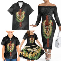 Hawaii ⁠Ka Pule a ka Haku Memorial Family Matching Off The Shoulder Long Sleeve Dress and Hawaiian Shirt Flower Lei Cross - Black