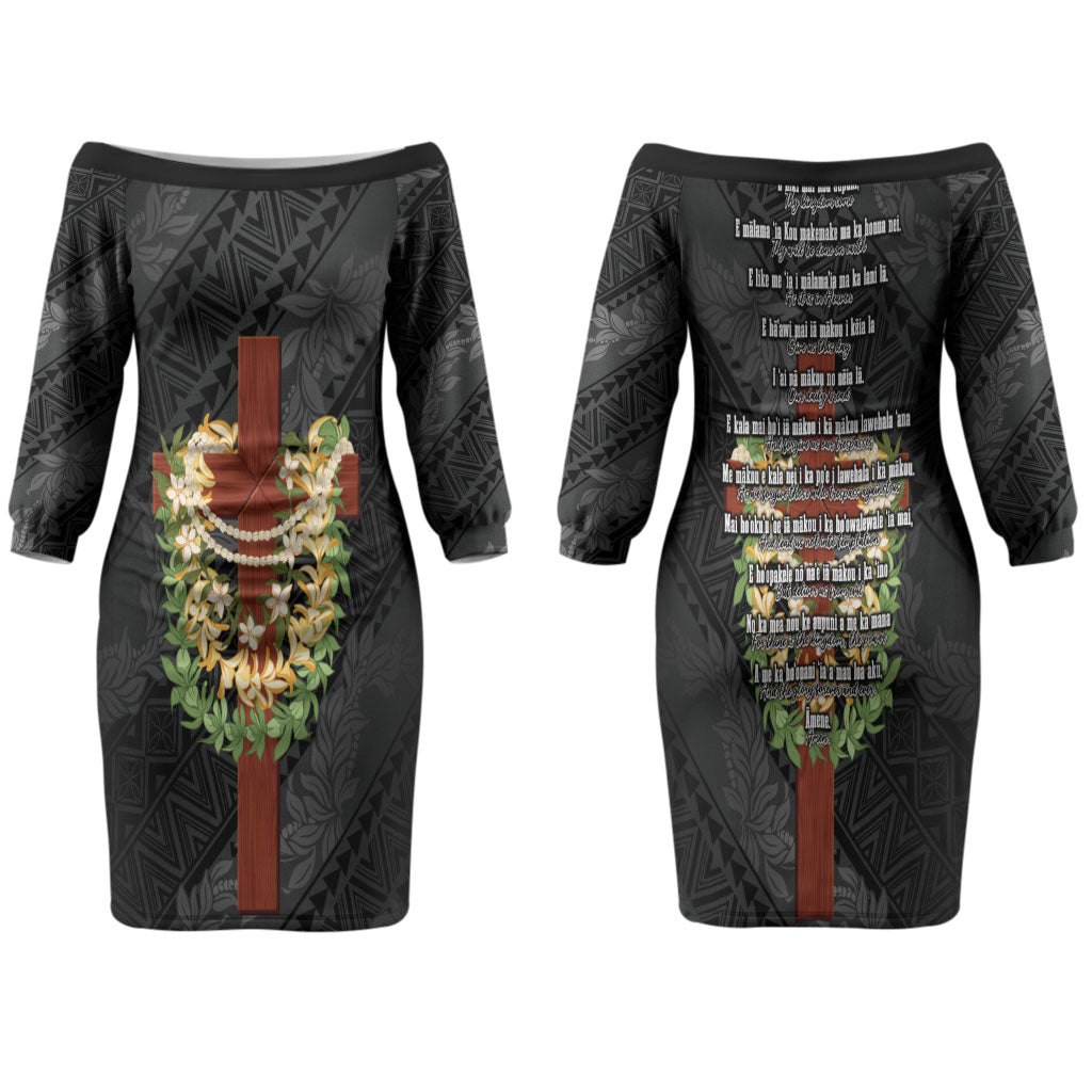 Hawaii ⁠Ka Pule a ka Haku Memorial Family Matching Off The Shoulder Long Sleeve Dress and Hawaiian Shirt Flower Lei Cross - Black