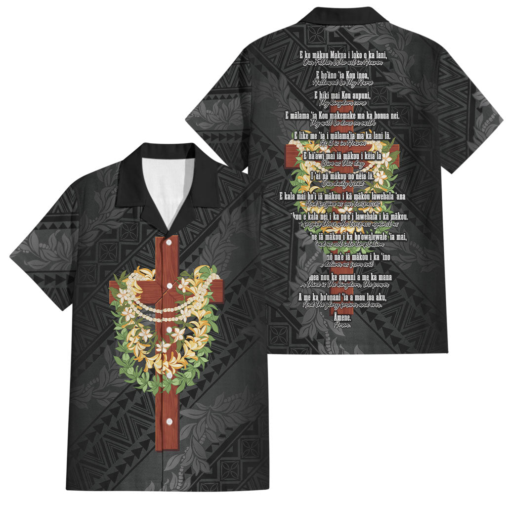 Hawaii ⁠Ka Pule a ka Haku Memorial Family Matching Off The Shoulder Long Sleeve Dress and Hawaiian Shirt Flower Lei Cross - Black