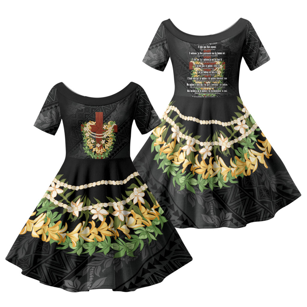 Hawaii ⁠Ka Pule a ka Haku Memorial Family Matching Off The Shoulder Long Sleeve Dress and Hawaiian Shirt Flower Lei Cross - Black