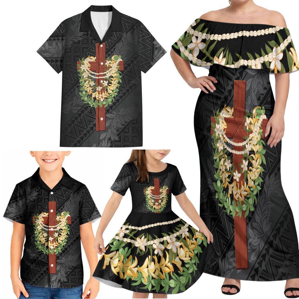 Hawaii ⁠Ka Pule a ka Haku Memorial Family Matching Off Shoulder Maxi Dress and Hawaiian Shirt Flower Lei Cross - Black