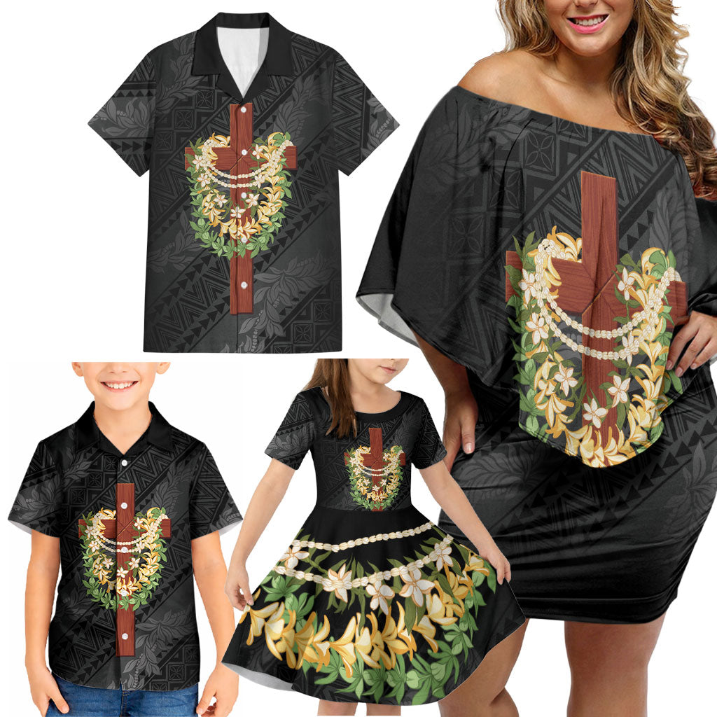 Hawaii ⁠Ka Pule a ka Haku Memorial Family Matching Off Shoulder Short Dress and Hawaiian Shirt Flower Lei Cross - Black