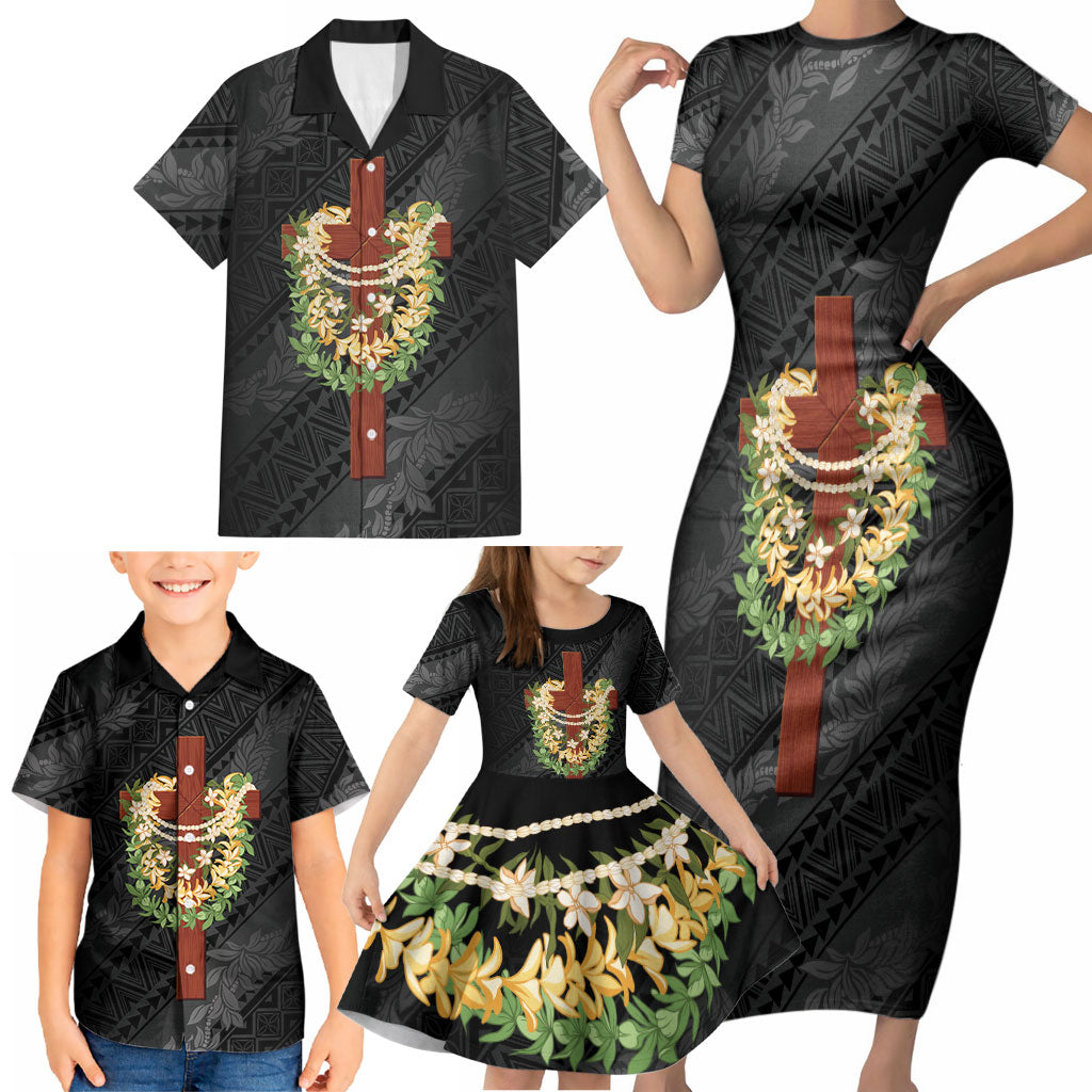 Hawaii ⁠Ka Pule a ka Haku Memorial Family Matching Short Sleeve Bodycon Dress and Hawaiian Shirt Flower Lei Cross - Black