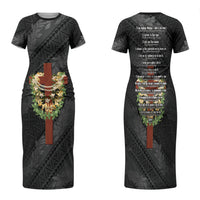 Hawaii ⁠Ka Pule a ka Haku Memorial Family Matching Short Sleeve Bodycon Dress and Hawaiian Shirt Flower Lei Cross - Black
