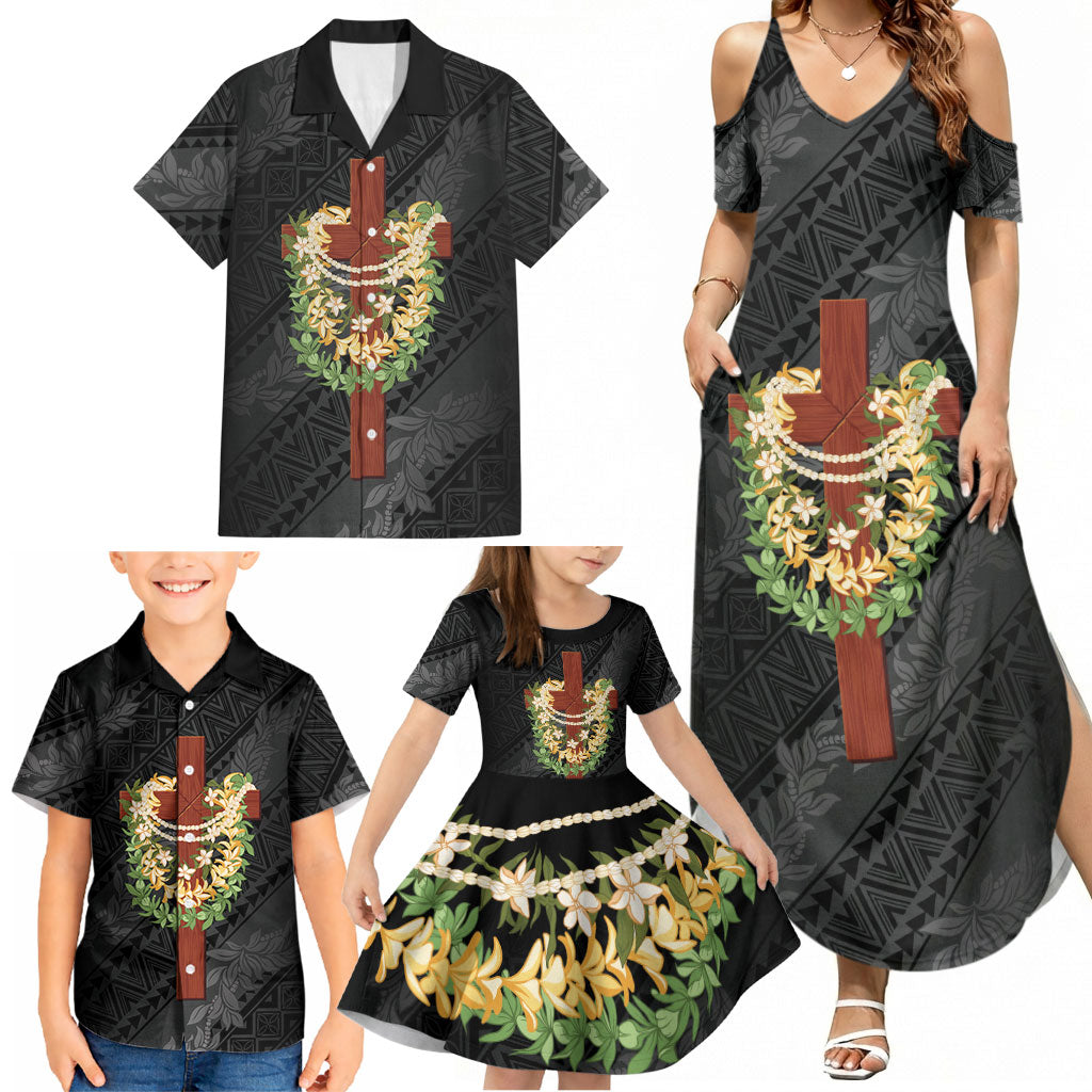 Hawaii ⁠Ka Pule a ka Haku Memorial Family Matching Summer Maxi Dress and Hawaiian Shirt Flower Lei Cross - Black