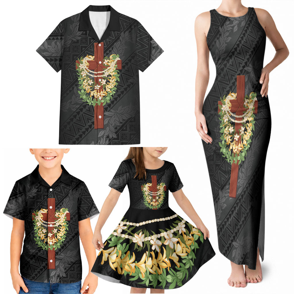 Hawaii ⁠Ka Pule a ka Haku Memorial Family Matching Tank Maxi Dress and Hawaiian Shirt Flower Lei Cross - Black