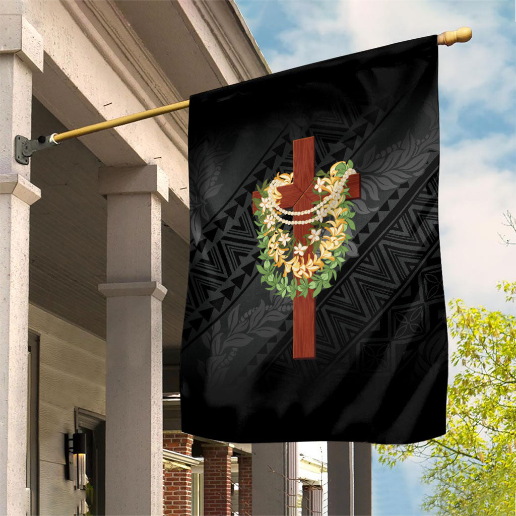 Hawaii ⁠Ka Pule a ka Haku Memorial Garden Flag Flower Lei Cross - Black