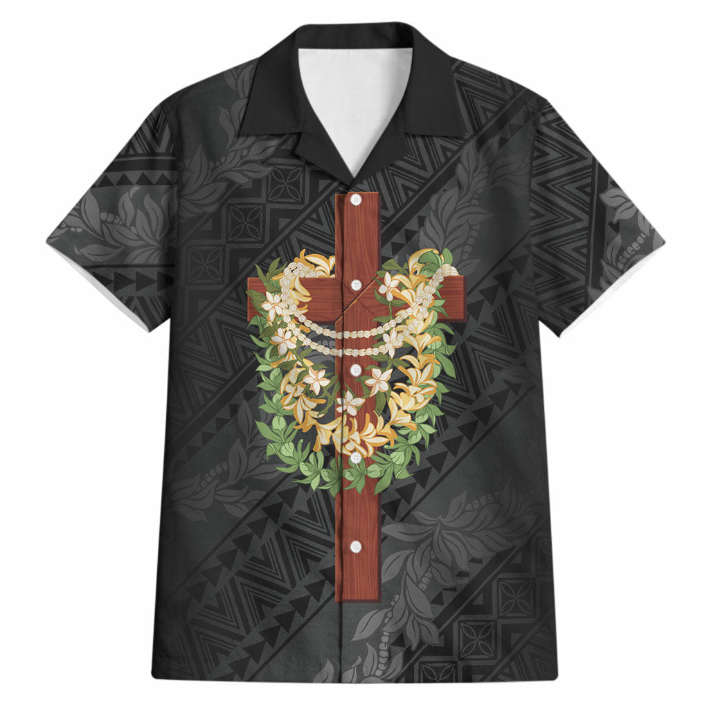 Hawaii ⁠Ka Pule a ka Haku Memorial Hawaiian Shirt Flower Lei Cross - Black