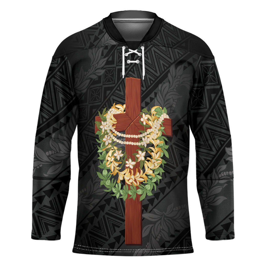Hawaii ⁠Ka Pule a ka Haku Memorial Hockey Jersey Flower Lei Cross - Black