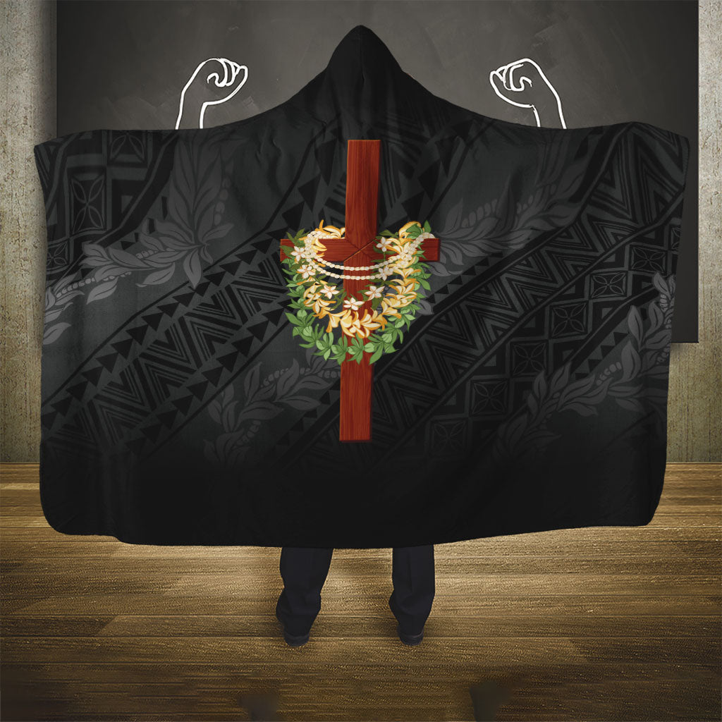 Hawaii ⁠Ka Pule a ka Haku Memorial Hooded Blanket Flower Lei Cross - Black