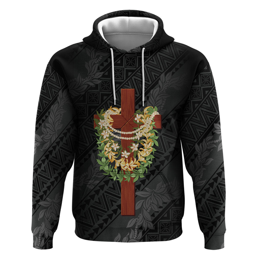 Hawaii ⁠Ka Pule a ka Haku Memorial Hoodie Flower Lei Cross - Black