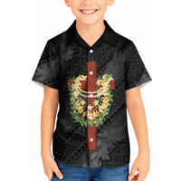 Hawaii ⁠Ka Pule a ka Haku Memorial Kid Hawaiian Shirt Flower Lei Cross - Black