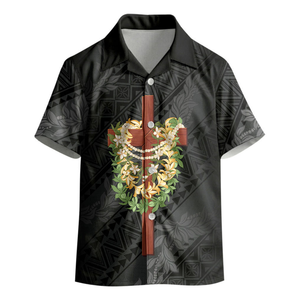 Hawaii ⁠Ka Pule a ka Haku Memorial Kid Hawaiian Shirt Flower Lei Cross - Black