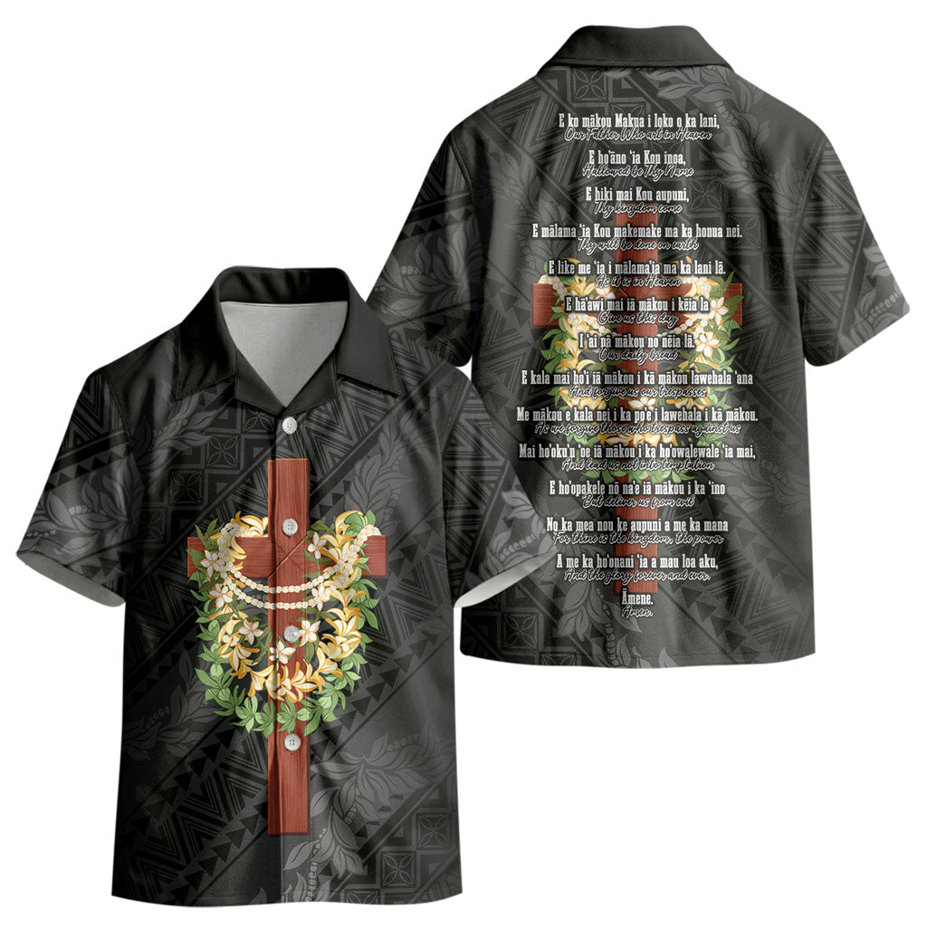 Hawaii ⁠Ka Pule a ka Haku Memorial Kid Hawaiian Shirt Flower Lei Cross - Black