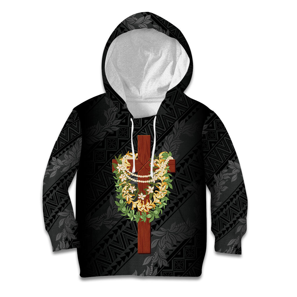 Hawaii ⁠Ka Pule a ka Haku Memorial Kid Hoodie Flower Lei Cross - Black