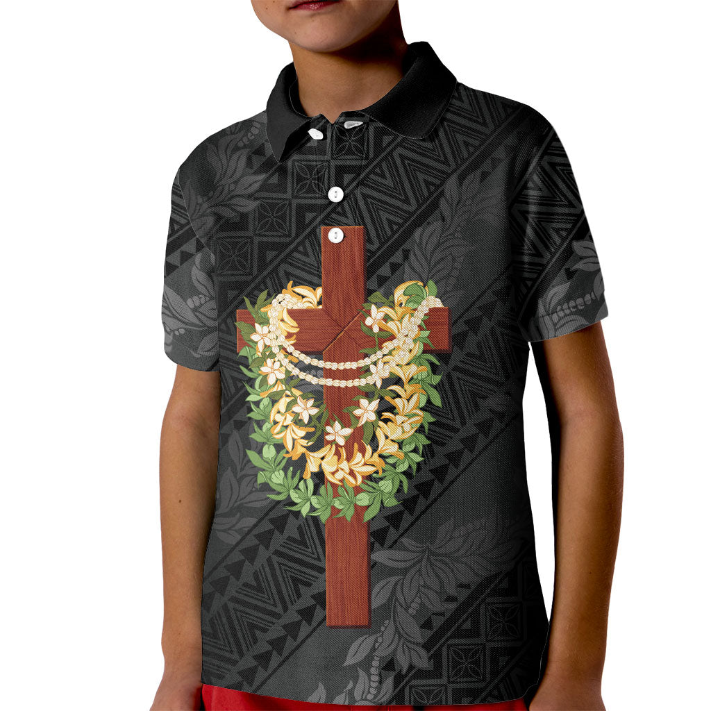 Hawaii ⁠Ka Pule a ka Haku Memorial Kid Polo Shirt Flower Lei Cross - Black