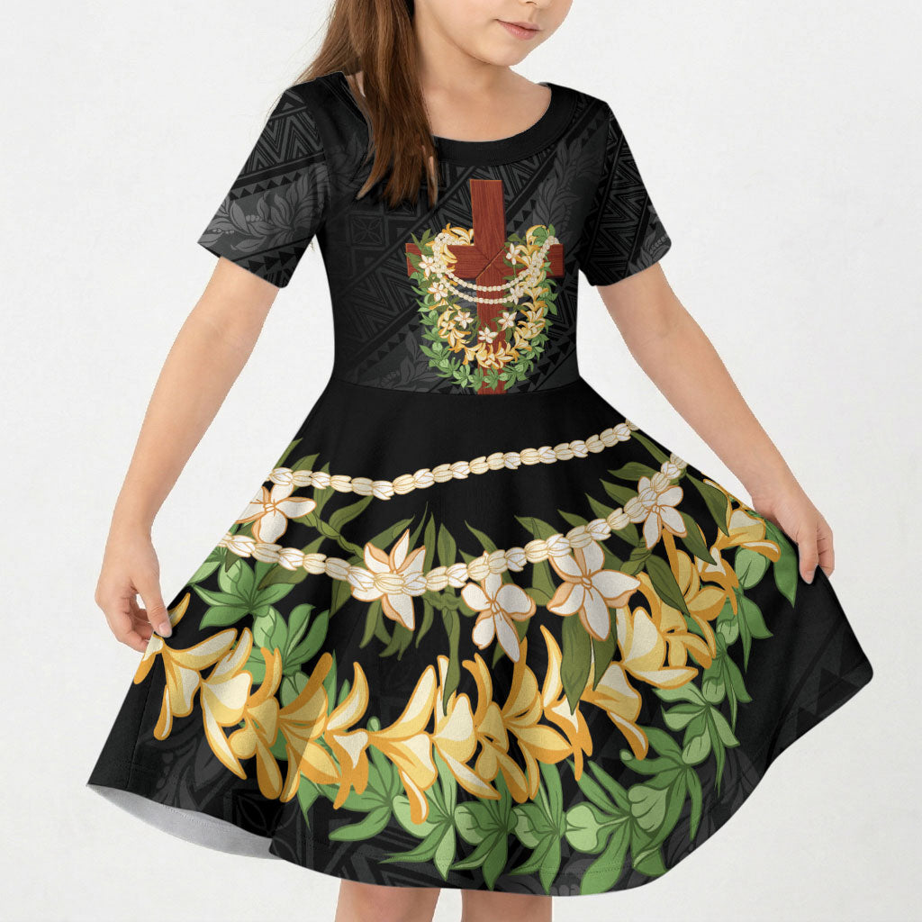 Hawaii ⁠Ka Pule a ka Haku Memorial Kid Short Sleeve Dress Flower Lei Cross - Black