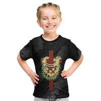 Hawaii ⁠Ka Pule a ka Haku Memorial Kid T Shirt Flower Lei Cross - Black