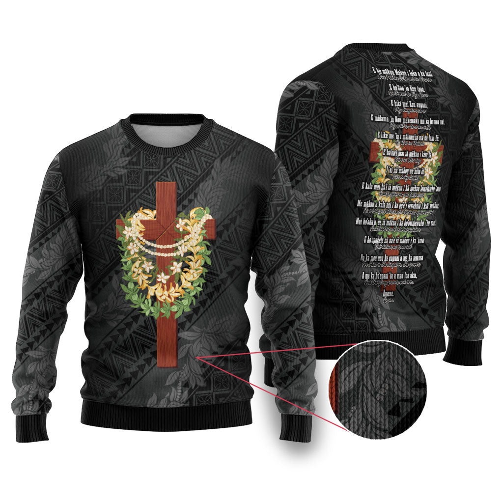 Hawaii ⁠Ka Pule a ka Haku Memorial Ugly Christmas Sweater Flower Lei Cross - Black