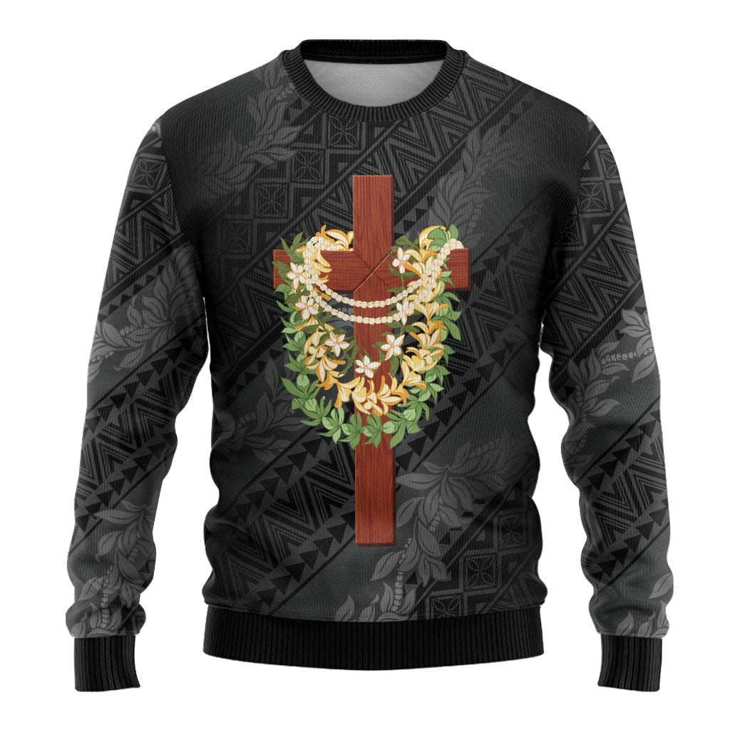Hawaii ⁠Ka Pule a ka Haku Memorial Ugly Christmas Sweater Flower Lei Cross - Black
