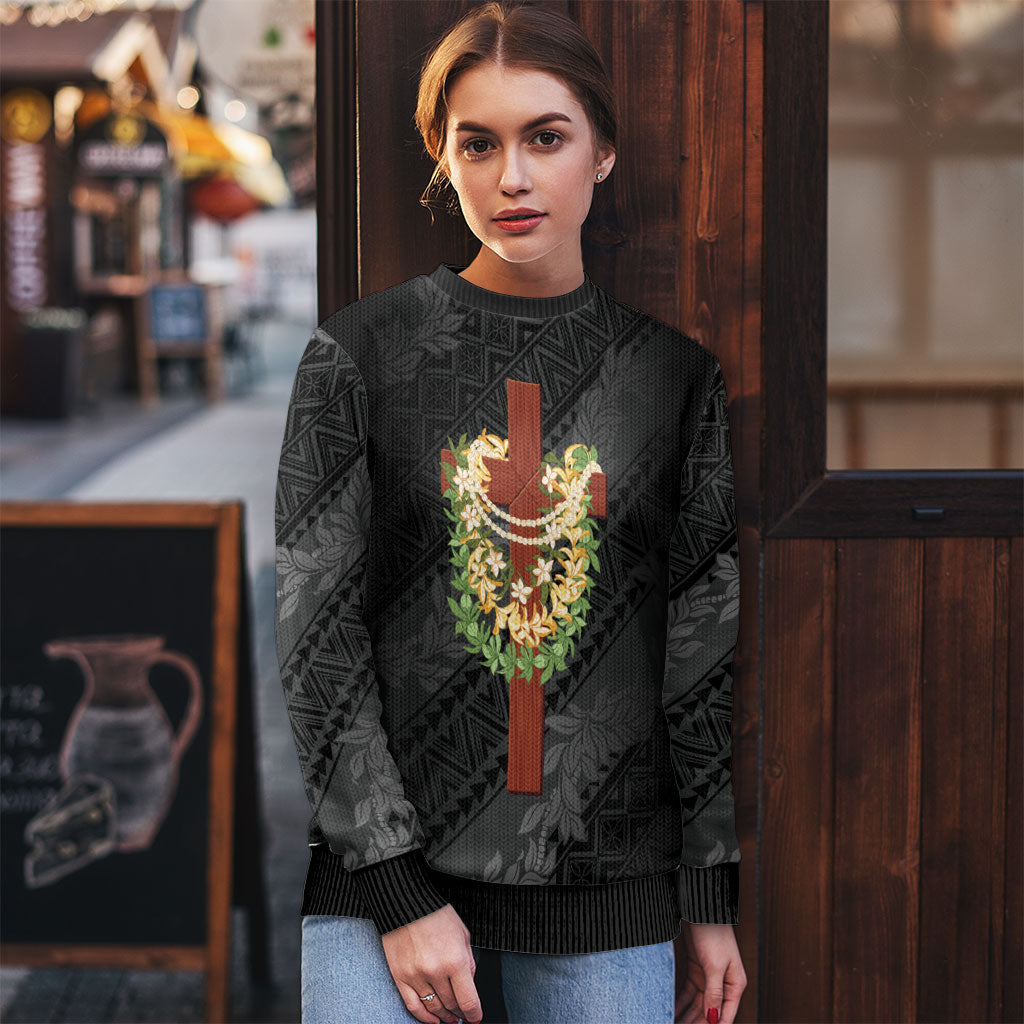 Hawaii ⁠Ka Pule a ka Haku Memorial Ugly Christmas Sweater Flower Lei Cross - Black