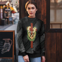 Hawaii ⁠Ka Pule a ka Haku Memorial Ugly Christmas Sweater Flower Lei Cross - Black