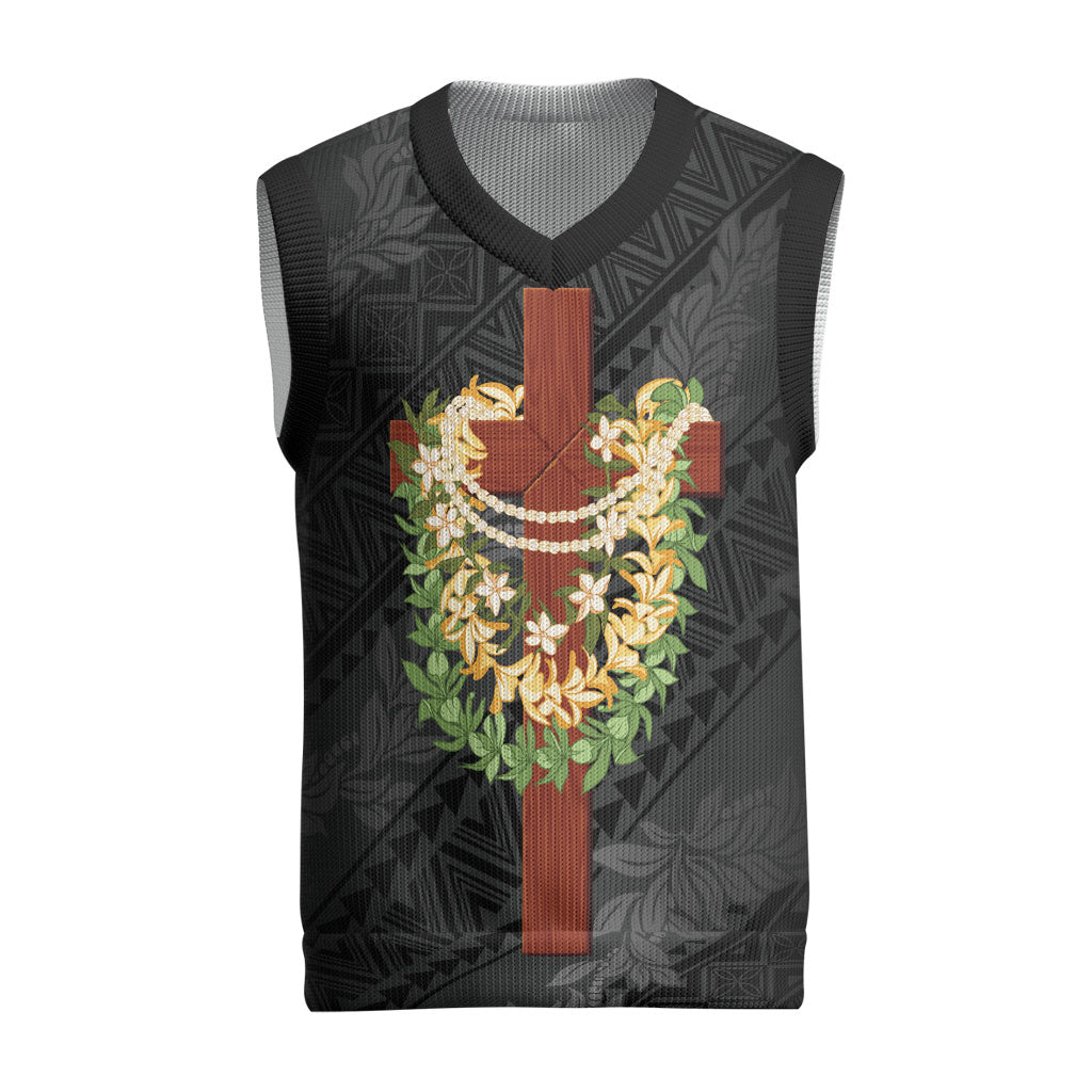 Hawaii ⁠Ka Pule a ka Haku Memorial Christmas Knitted V-Neck Vest Flower Lei Cross - Black
