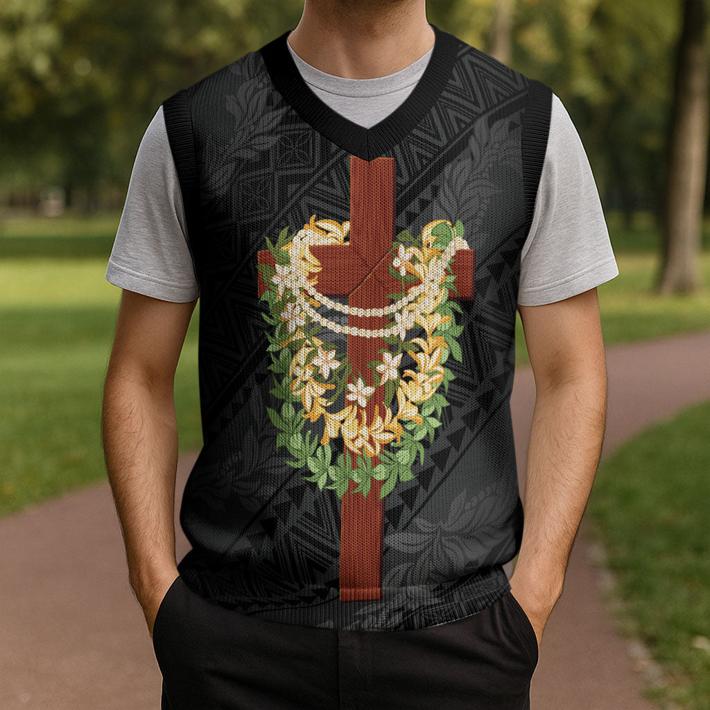 Hawaii ⁠Ka Pule a ka Haku Memorial Christmas Knitted V-Neck Vest Flower Lei Cross - Black