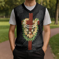 Hawaii ⁠Ka Pule a ka Haku Memorial Christmas Knitted V-Neck Vest Flower Lei Cross - Black